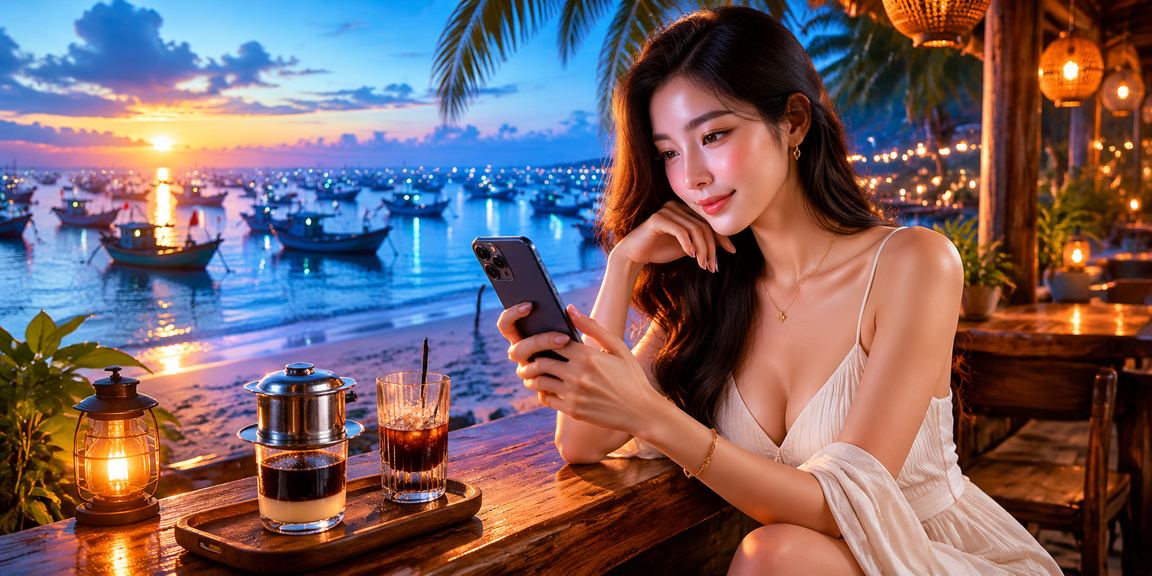 Người dùng Mũi Né theo dõi kết quả cá cược thể thao và kiểm tra voucher khi uống cà phê